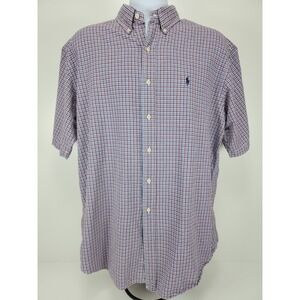 Ralph Lauren Sport Shirt Mens L Blue Red Plaid‎ Check Button Short Sleeve Cotton
